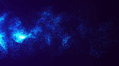 Soyut bokeh parçacıkları karanlık bir arkaplana karşı havada yavaşça yüzerler. Fütürist bir nokta dalgası. Uzayda hareket eden parçacıkların arkaplanı.