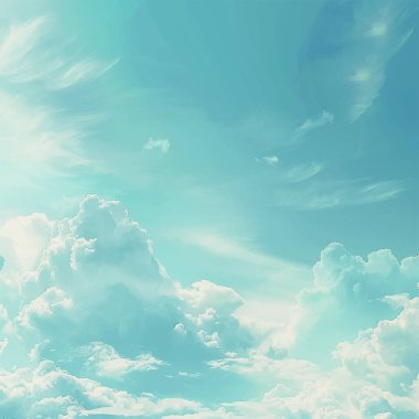 Hassas bir gökyüzü, bulutların sessizce süzüldüğü yumuşak turkuaz renklerde açılır. Bu illüstrasyon huzur, temiz hava ve sonsuz boşluk hissi veriyor..