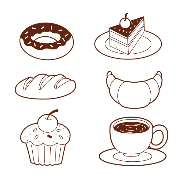 Illustratie van het voedsel. Donut een kopje koffie, croissantje & een fluitje van een cent. — Stockvector