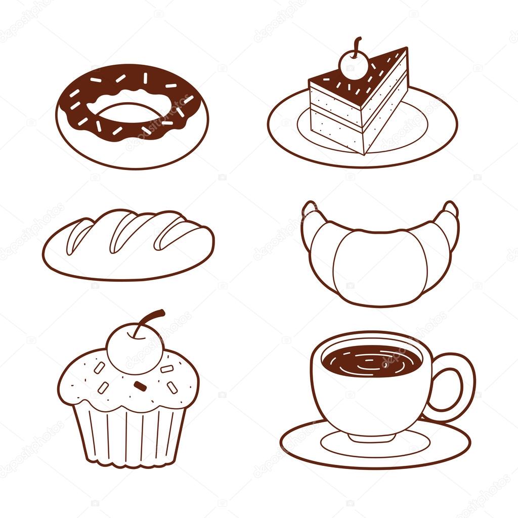 Food Illustration. Donut a cup of coffee, croissant & a piece of cake.