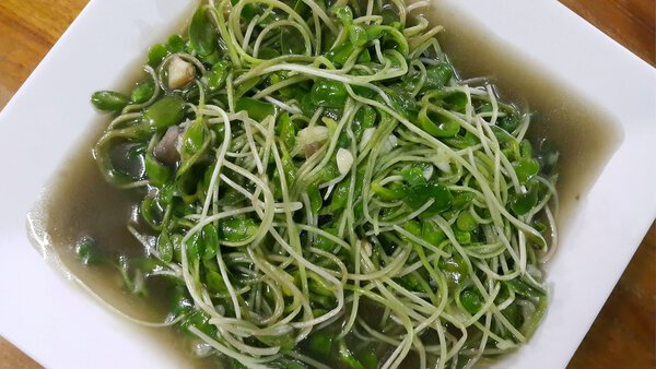 Жареный подсолнух с устричным соусом в белой тарелке
