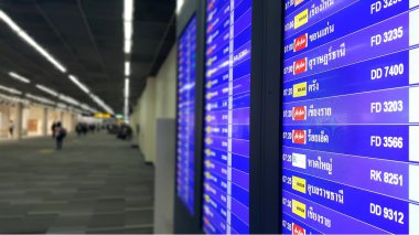 Bangkok, Tayland - 31 Mar 2016: Bulanıklık havayolu yolcu arka plan Don Muang intrenational Airport, Tayland, Thailand, uçuş Uçus tarifesi.