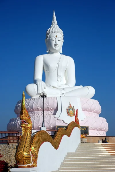 Grande statua buddha bianca con re serpente sulle scale alla diga di Pasak Jolasid, Thailandia — Foto Stock