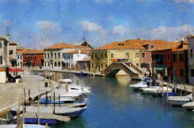 Beautiful view of the canal, boats and buildings  in Murano, Italy