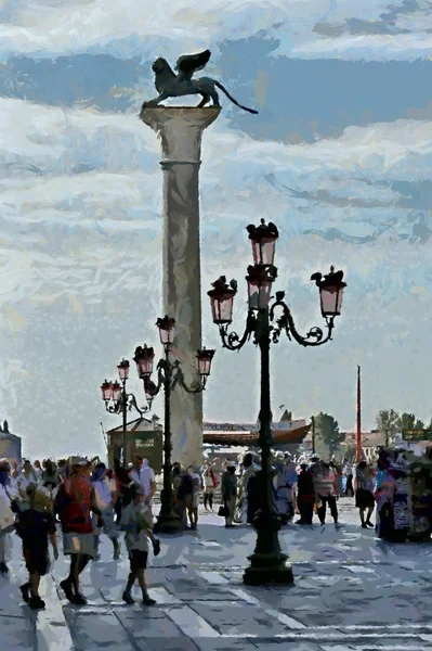 Famosa vista de la estatua del león alado y las lámparas de calle vintage, Venecia — Foto de Stock