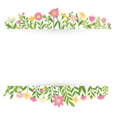 Metin için boş alanı olan bahar çiçekleri olan bir arkaplan. Pembe ve sarı çiçekli çerçeve. Metin için yeri olan bahar pankartı.