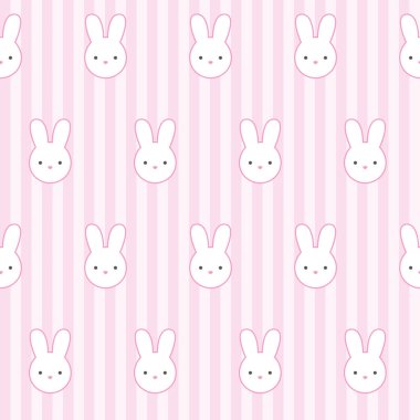 Tatlı tavşanlı kawaii deseni. Kawaii pembe renkli çizgili arka plan. Parmak izi, kumaş ve tekstil kalıpları.