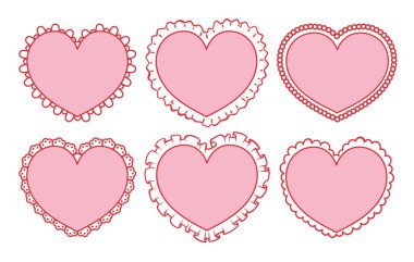 Bir çift pembe kalp. Farklı kenar şekilli kalpler. Metin için yer.