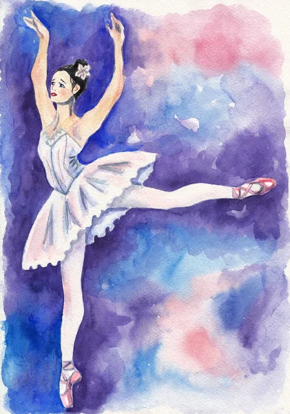 A fiatal és gyönyörű balerina, fehér szoknyában, akvarell háttér — Stock Fotó