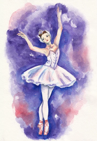 A fiatal és gyönyörű balerina, fehér szoknyában, akvarell háttér — Stock Fotó