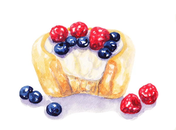 Bolo de queijo de torta de fruta aquarela com bagas no fundo branco — Fotografia de Stock