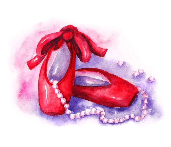 Zapatillas puntas rojas con cuentas rosas. Ilustración de acuarela sobre fondo blanco — Foto de Stock