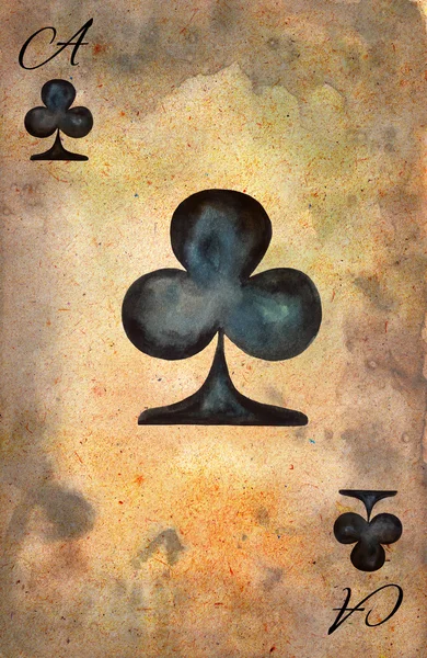 Ace of Clubs'da. Şablon oyun kağıdı /. Vintage oyun kağıdı. Suluboya resim — Stok fotoğraf