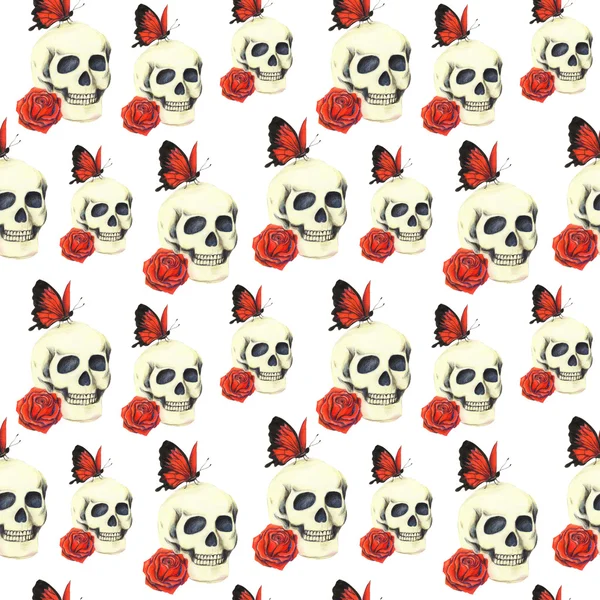 Pattern with skull, red rose and red butterfly on white background