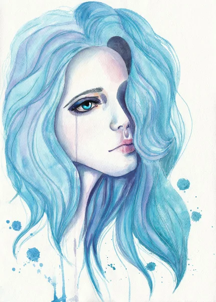 Chorando menina com cabelo azul. Ilustração aquarela sobre papel texturizado — Fotografia de Stock