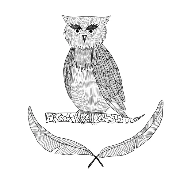 Búho en una rama. Ilustración en blanco y negro. Tatuaje — Vector de stock