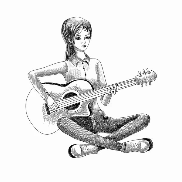 Ein Mädchen, das auf einer akustischen Gitarre spielt. Musiker. Schwarz-Weiß-Illustration. Skizze — Stockvektor