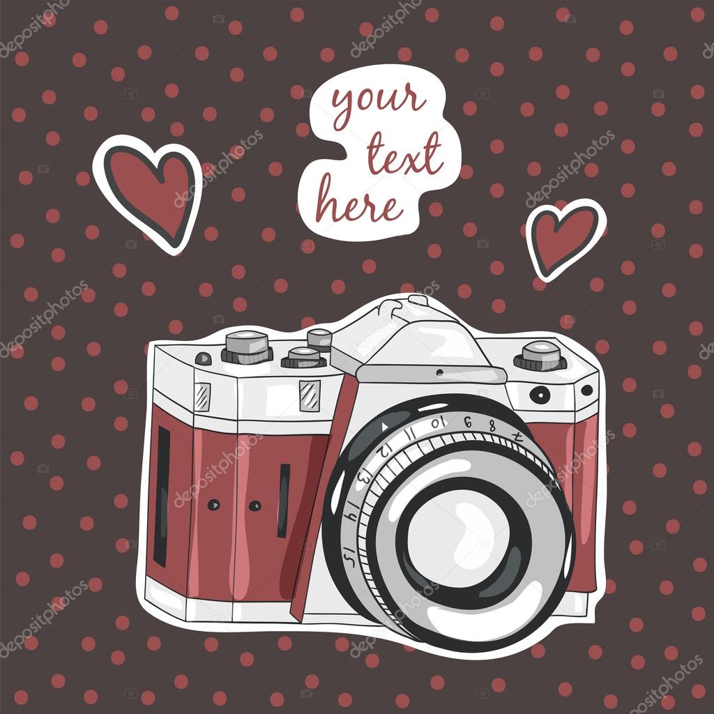 Postcard with retro camera and hearts. Template for invitation, brochure, greeting card