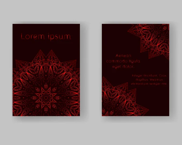 Decoratieve sjabloon met rode mandala op donkere achtergrond. Sjabloon voor brochures, flyers, uitnodigingen, posters — Stockvector