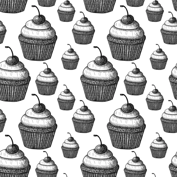 Modello senza cuciture con cupcake di ciliegie. Schizzo. Sfondo disegnato a mano in bianco e nero — Foto Stock