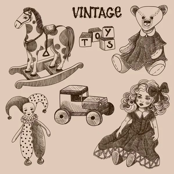 Uppsättning av vintage leksaker. Docka, kuber, jester, nallebjörn, bil i trä, gunghäst — Stock vektor