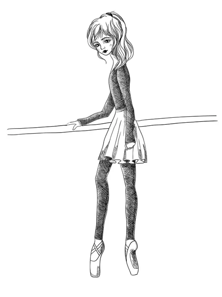 Молодая балерина в классе. Балетный бар. Черно-белая иллюстрация. Рисунок — стоковый вектор