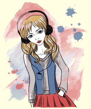Kulaklık kız. Kız müzik dinliyor. Moda resimde arka plan üzerinde