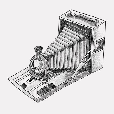 Retro kamera. Siyah ve beyaz kroki çizim