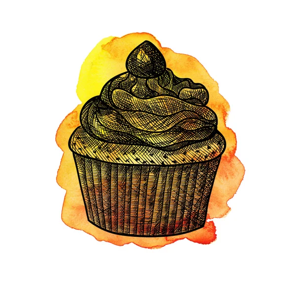 Cupcake al cioccolato su sfondo astratto rosa e blu acquerello. Schizzo. Illustrazione disegnata a mano — Foto Stock