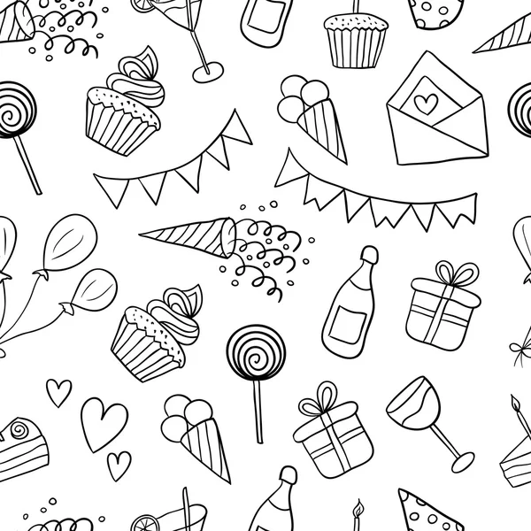 Modello senza cuciture con palloncini, torte, regali, cupcake, cocktail, gelato. Buon compleanno sfondo. Illustrazione in bianco e nero — Vettoriale Stock