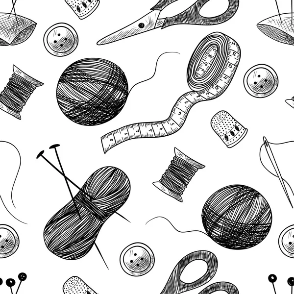Modello senza cuciture con cose da cucire. Ditale, ago, filo, bobina, forbici. Sfondo bianco e nero — Vettoriale Stock