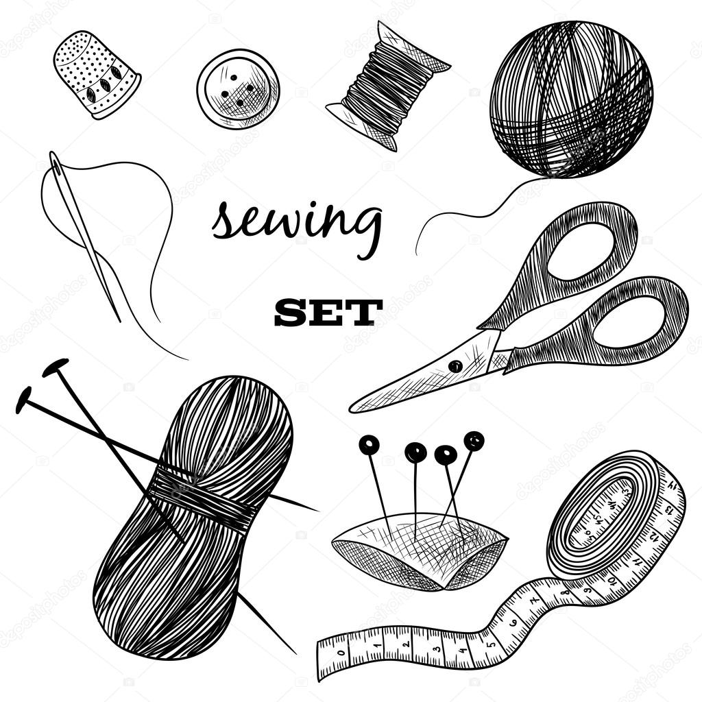 Sewing set. Thimble, needle, thread, bobbin, scissors. Black and white