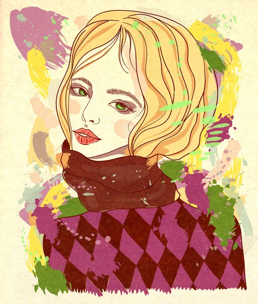 Portrét krásné dívky v šálu a svetr vzor kosočtverec. Módní ilustrace na pozadí abstraktní s texturou — Stock fotografie