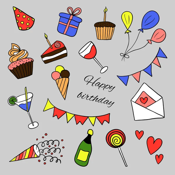 Ikonok boldog születésnapot. Vázlat, doodles. Lufi, sütemények, ajándék, keksz, cupcakes, koktélok, fagylalt — Stock Vector