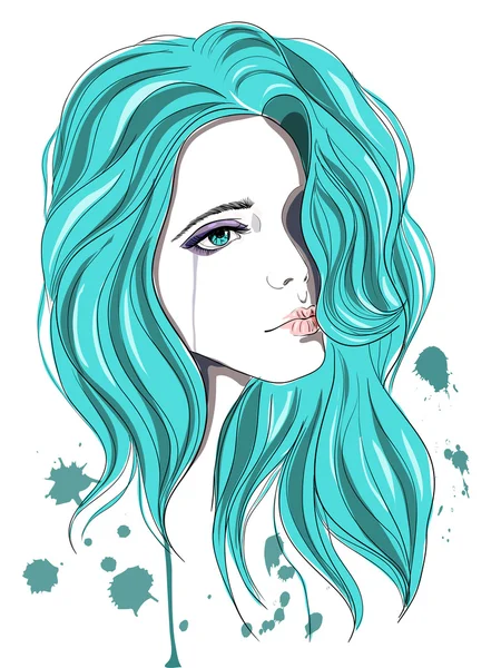 Chica llorona con el pelo azul. Ilustración de moda sobre fondo blanco. Imprimir para camiseta — Archivo Imágenes Vectoriales