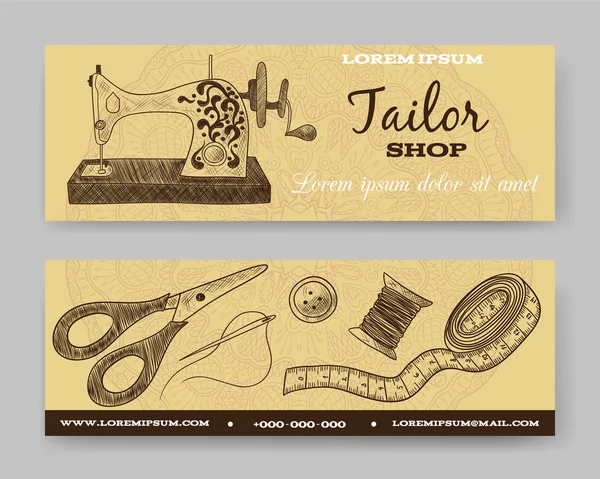 Website banner of koptekst instellen. Kleermaker winkel. Sjabloon voor het ontwerp. Vingerhoed, naald, draad, klosje, schaar, vintage naaimachine — Stockvector