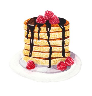 Çikolata ve ahududu ile krep. Beyaz izole zemin üzerine suluboya resim