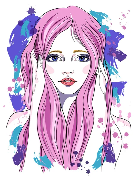Porträt eines Mädchens mit rosa Haaren. Modeillustration auf abstraktem Hintergrund. Druck für T-Shirt — Stockvektor