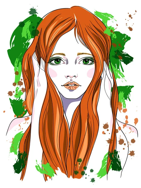 Porträtt av en flicka med rött hår. Fashion illustration på grön abstrakt bakgrund. Utskrift för T-shirt — Stock vektor