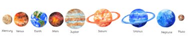 Beyaz arka plan üzerinde güneş sisteminin gezegenleri. Merkür, Venüs, dünya, Mars, Jüpiter, Satürn, Uranüs, Neptün, Pluto. Suluboya resim