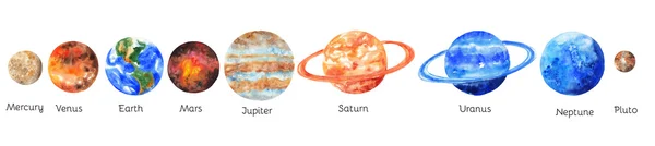 Die Planeten des Sonnensystems auf weißem Hintergrund. Quecksilber, Venus, Erde, Mars, Jupiter, Saturn, Uranus, Neptun, Pluto. Aquarellillustration — Stockfoto