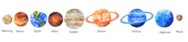 Beyaz arka plan üzerinde güneş sisteminin gezegenleri. Merkür, Venüs, dünya, Mars, Jüpiter, Satürn, Uranüs, Neptün, Pluto. Suluboya resim