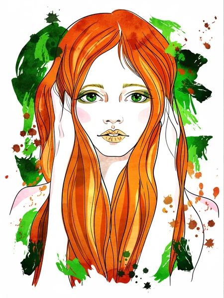 Portrait d'une fille aux cheveux roux. Illustration de mode sur fond vert abstrait. Imprimer pour T-shirt — Photo