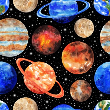Siyah arka plan üzerine güneş sisteminin gezegenleri ile Seamless modeli. Merkür, Venüs, dünya, Mars, Jüpiter, Satürn, Uranüs, Neptün, Pluto. Suluboya resim