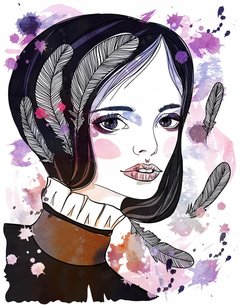 Portrait de belle fille avec des plumes dans les cheveux. Illustration de mode sur fond aquarelle abstrait. Imprimer pour T-shirt — Photo