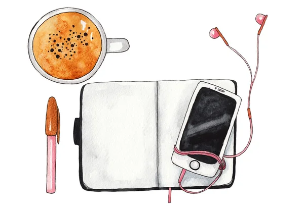 Koffiekopje, notebook, pen, smartphone en koptelefoon op witte achtergrond. Aquarel mockup, aquarel illustratie. Sjabloon voor ontwerp — Stockfoto