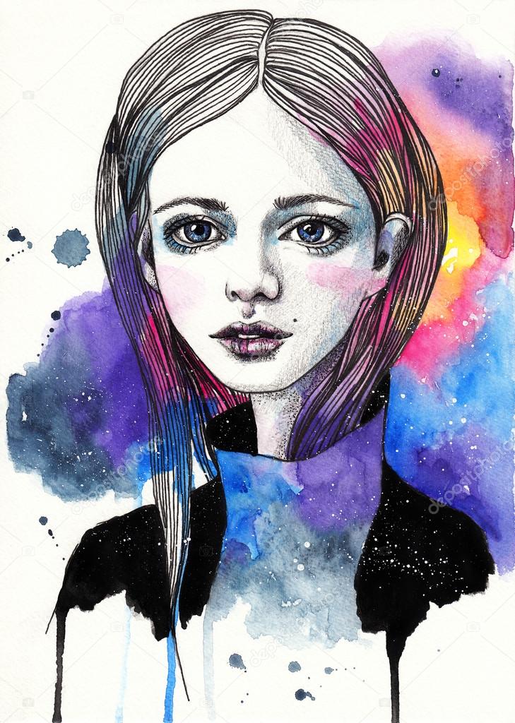Portrait of a beautiful girl. Sketch. Pencil fashion illustration on  watercolor cosmic background Stock Photo by © 108603570