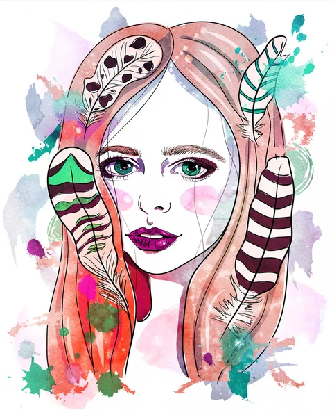 Портрет красивой девушки с перьями в волосах. Модная иллюстрация на белом фоне. Print Для футболки — стоковое фото