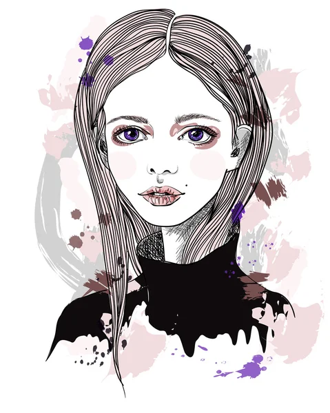 Retrato de uma menina com cabelo rosa. Ilustração de moda em fundo abstrato. Impressão para T-shirt —  Vetores de Stock