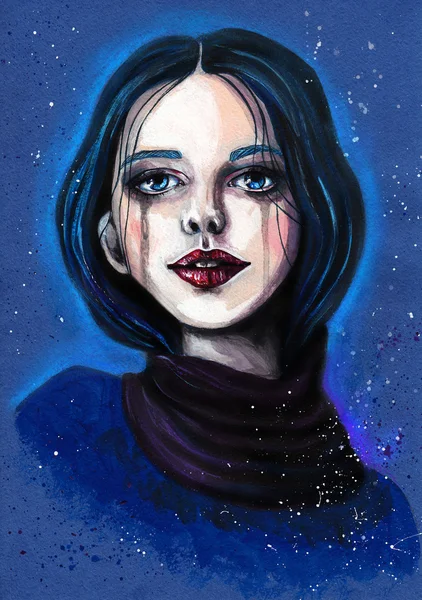 Porträt eines schönen Mädchens mit blauen Haaren auf blauem Hintergrund. Mode Acryl handgemalte Illustration — Stockfoto